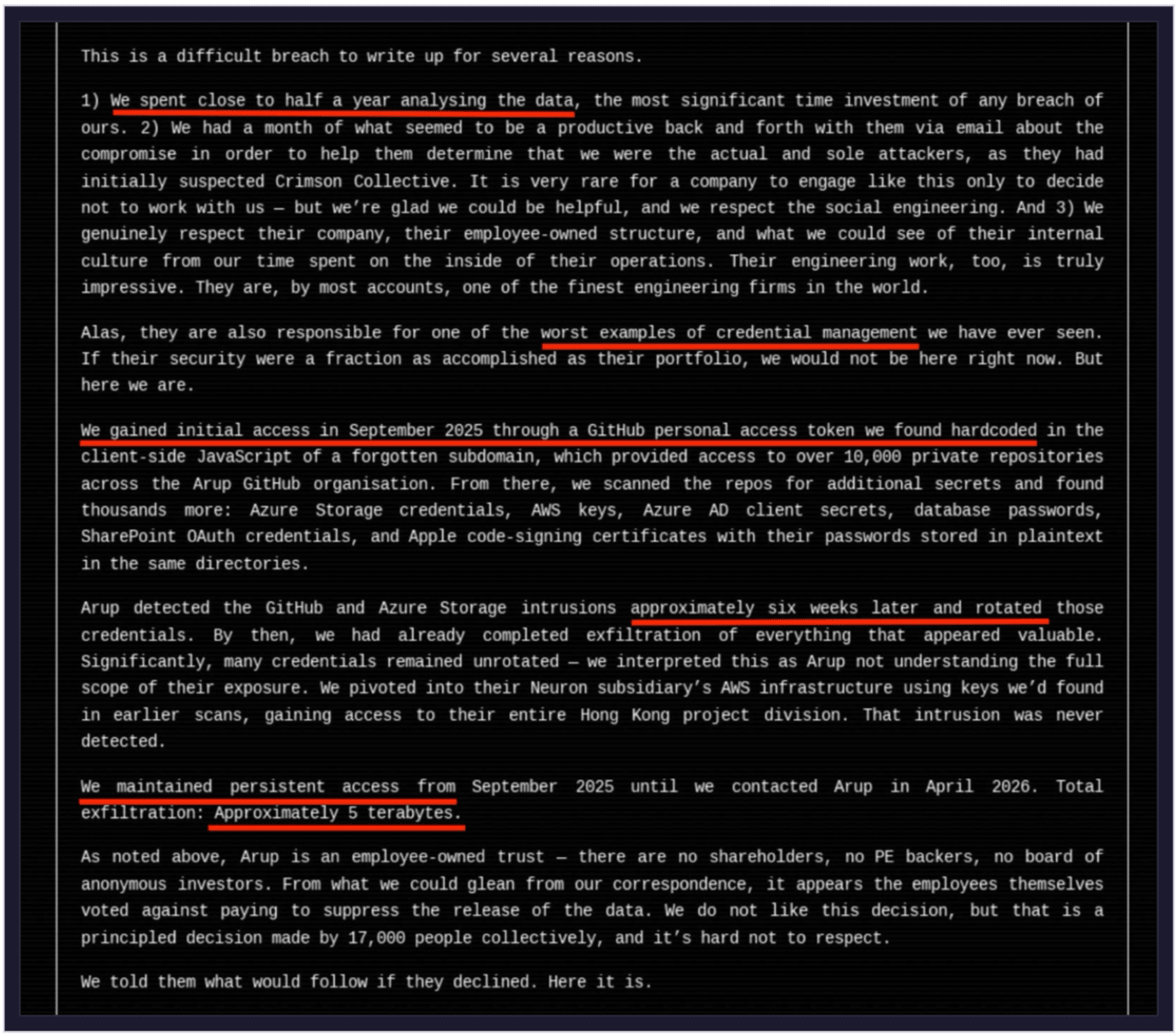 FulcrumSec data-leak-site post structuring the Arup breach around regulatory and reputational pressure categories