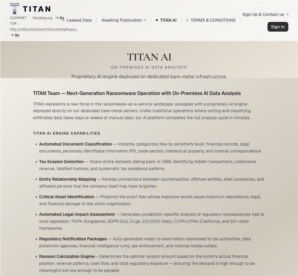 TITAN's data-leak site advertising its on-premises AI analysis engine
