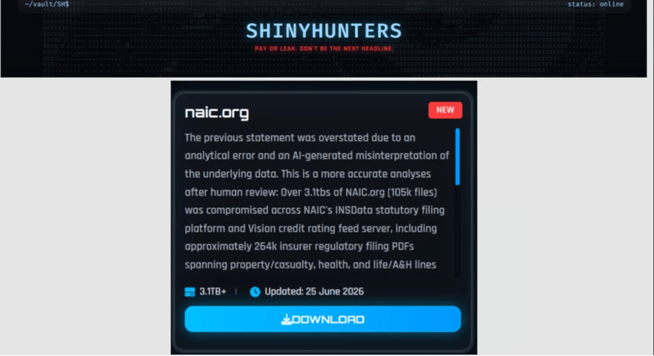 ShinyHunters' data-leak listing for the National Association of Insurance Commissioners (NAIC) breach