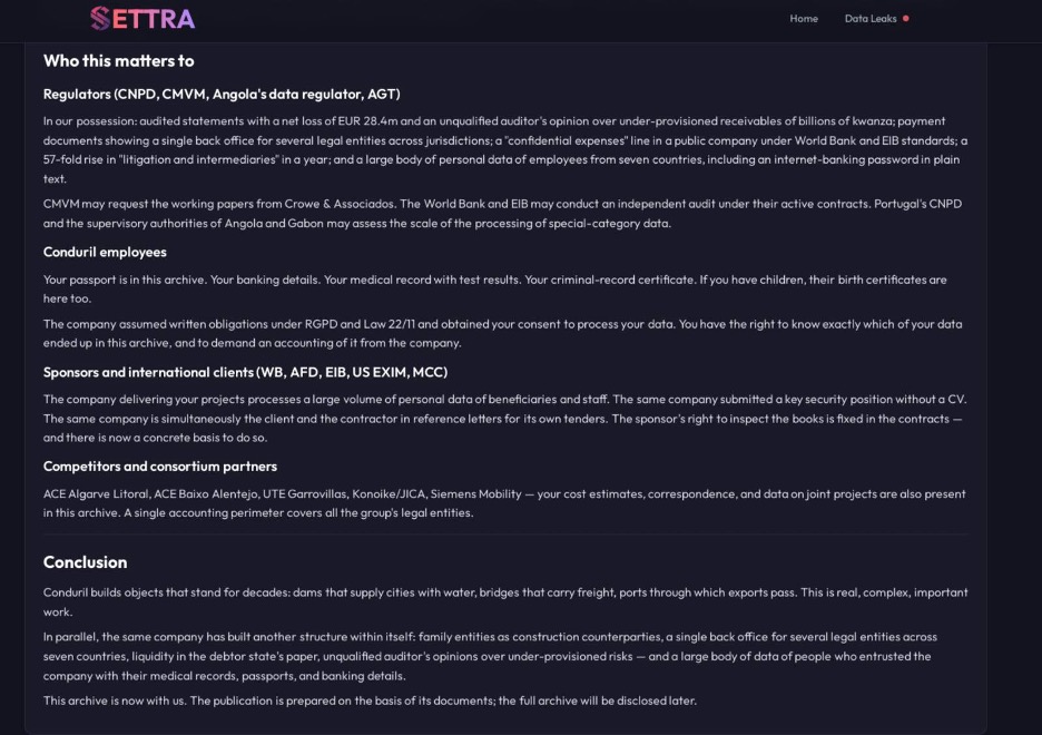 Settra's data-leak-site publication on Conduril, structured by stakeholder audience