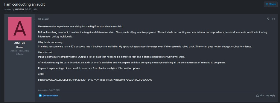 AUDITOR advertises Big-Four-grade audit services to ransomware operators on an underground forum