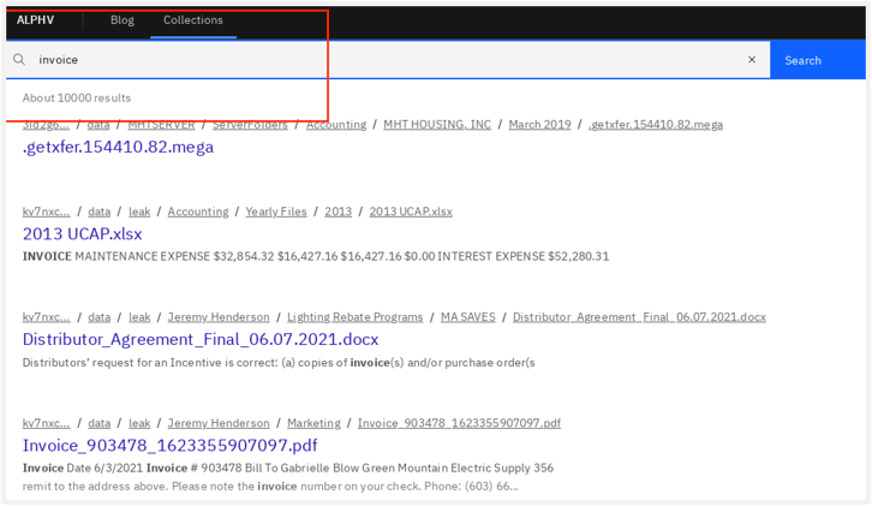 ALPHV's searchable leak-site interface returning keyword results for invoice across indexed stolen data