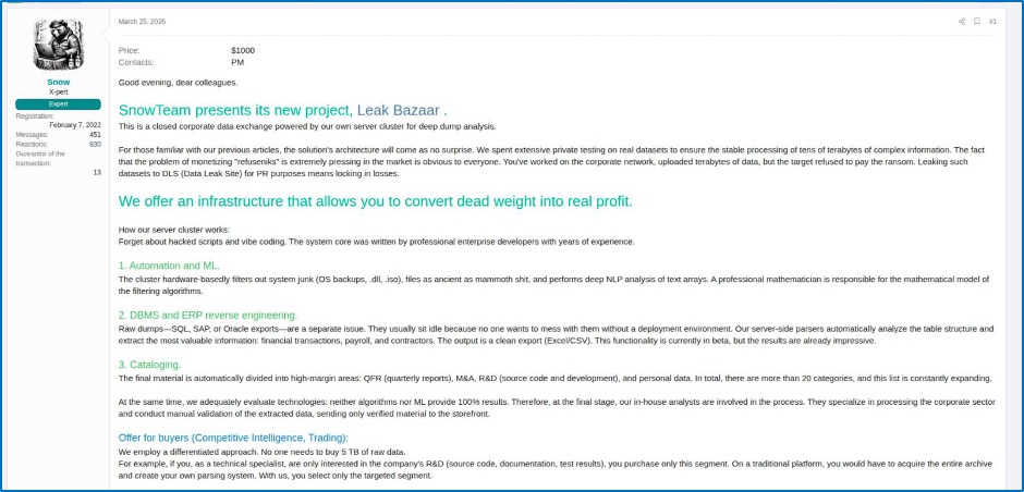 SnowTeam's full Leak Bazaar advertisement on TierOne describing its ML pipeline and DBMS/ERP reverse-engineering capability