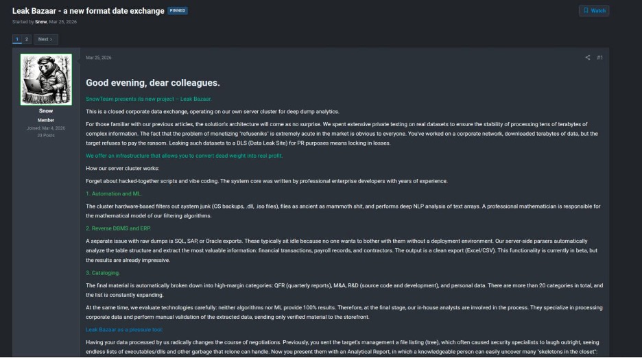Pinned advertisement posted by Snow on TierOne introducing Leak Bazaar as a closed corporate data exchange