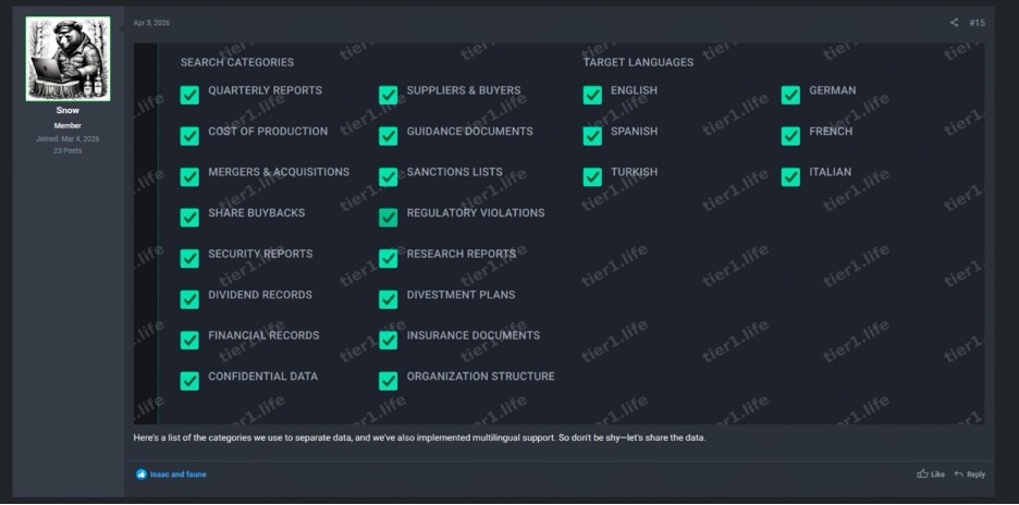 Operator publication of the sixteen-category search taxonomy and six-language targeting list on TierOne