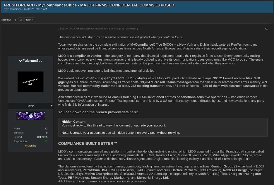 FulcrumSec's DLS post detailing the MCO breach and its 61 OFAC-sensitive emails