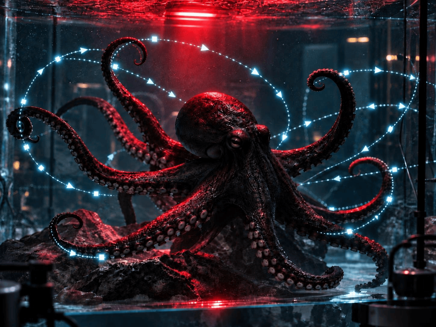A dark octopus surrounded by glowing network nodes, representing the multi-armed reach of the ClickFix campaign infrastructure.