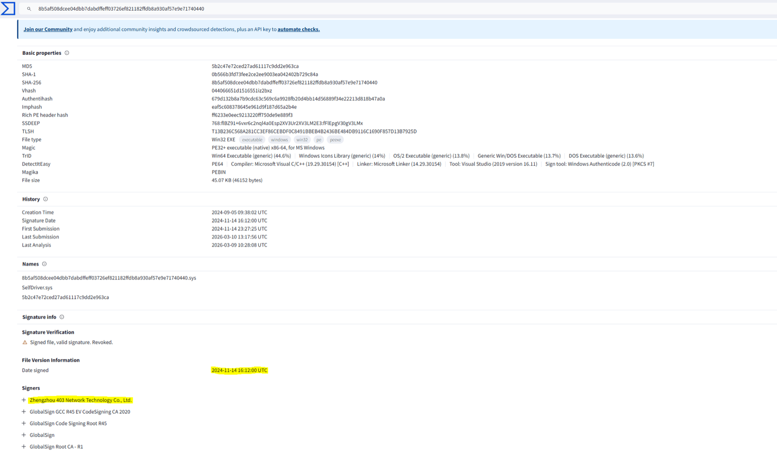 hide_process driver — VirusTotal / PDB analysis