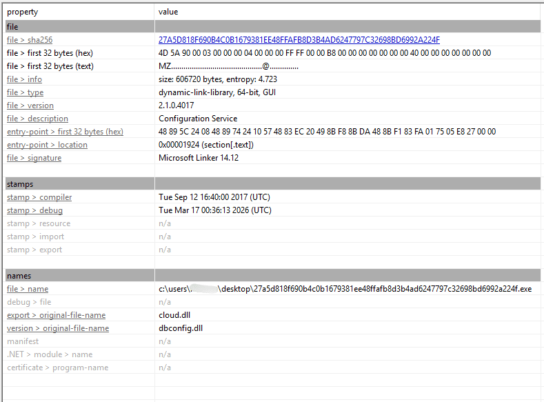 Sample metadata overview showing the analysed PatchAgent artefacts and file-identification context