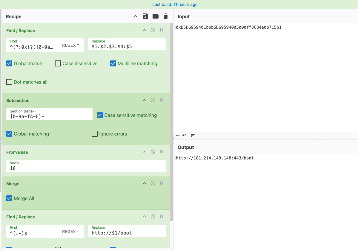 CyberChef recipe decoding the encoded recipient address into an IP address and port.