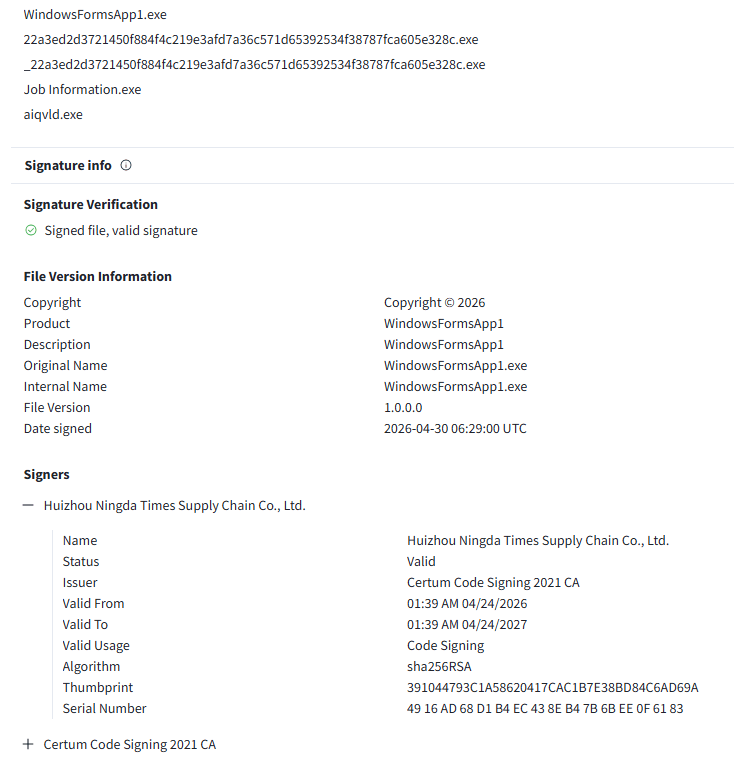Revoked Certum code-signing certificate issued to Huizhou Ningda Times Supply Chain Co., Ltd.