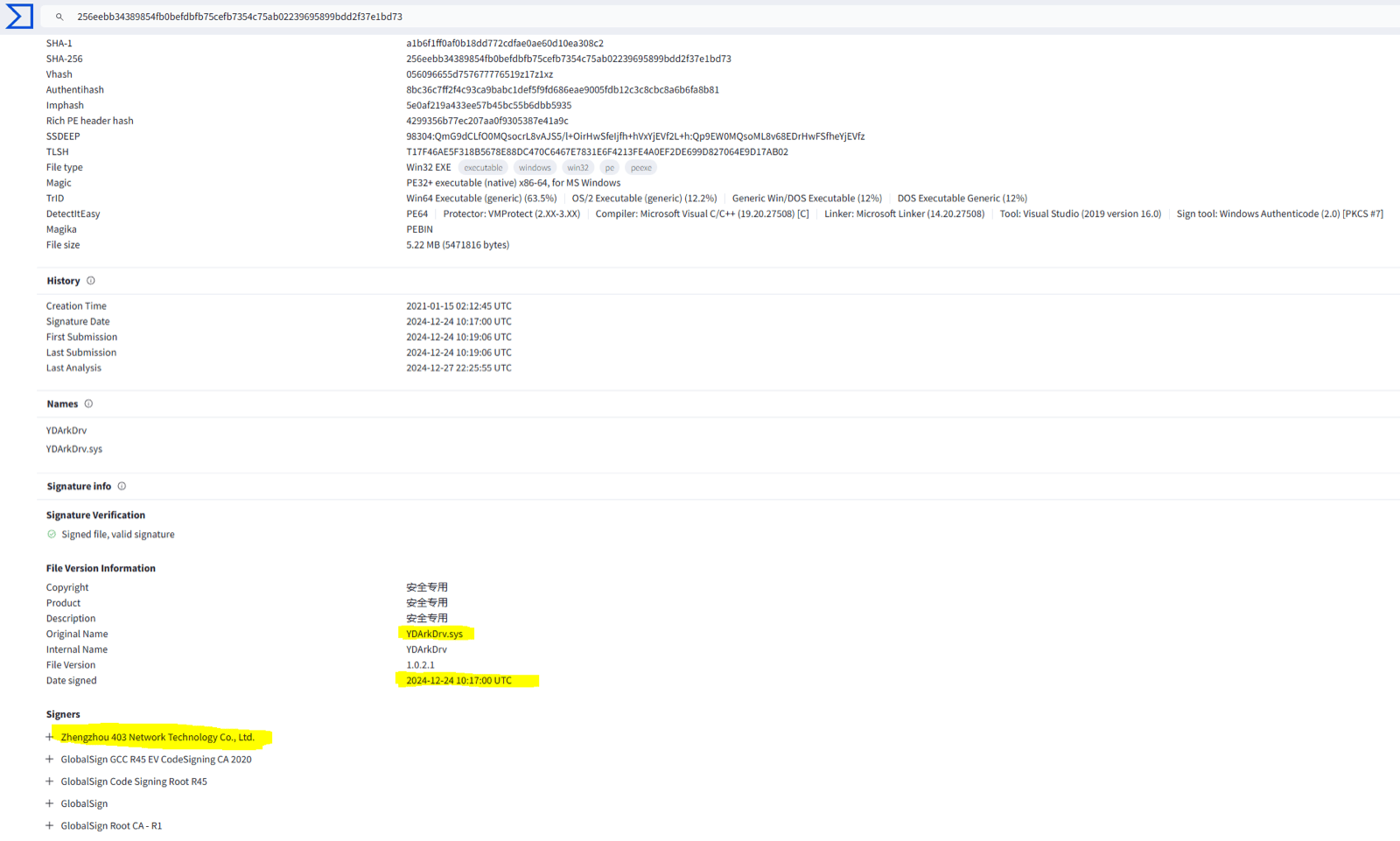YDArkDrv.sys — VirusTotal classification