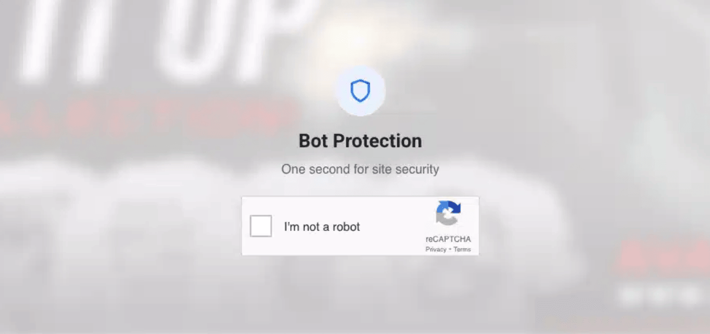 The fake Bot Protection challenge overlay on a compromised website, copying the Google reCAPTCHA logo and style