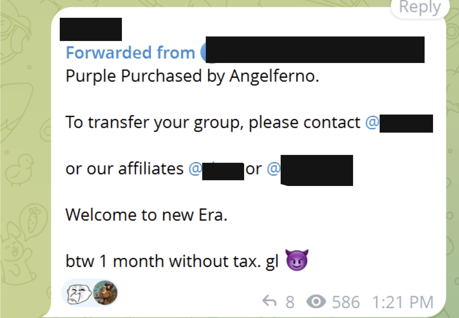 Telegram community post announcing Purple Drainer's acquisition by AngelFerno in March 2026.
