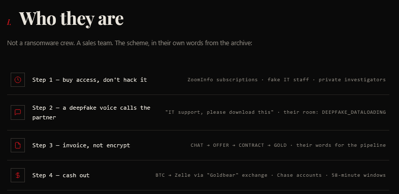 The leak site's “Who They Are” section, outlining the ransomware operation.