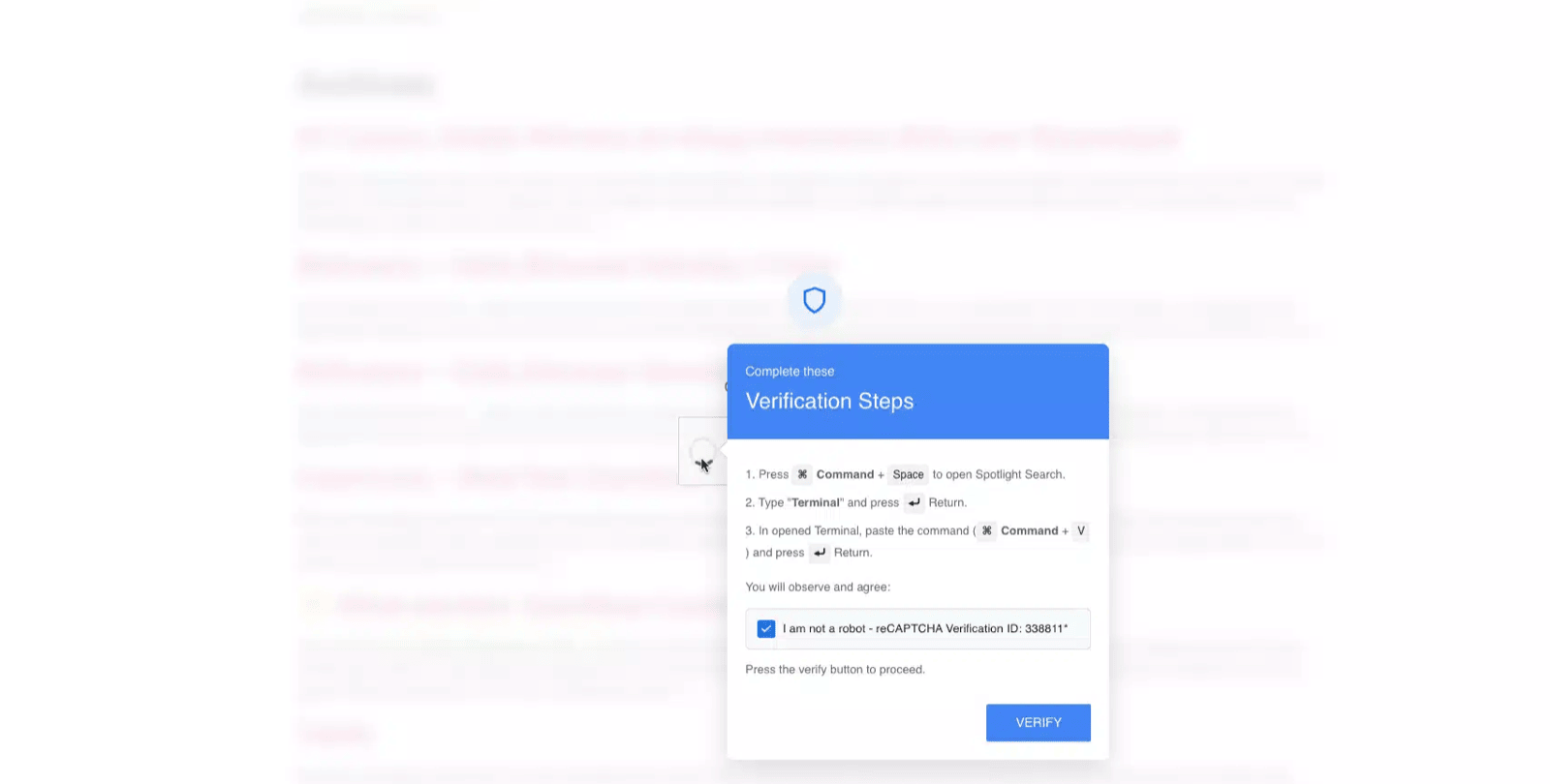 The ClickFix instructions shown by the overlay, telling the visitor what text to expect