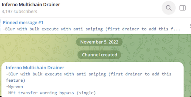Post from the Inferno Multichain Drainer Telegram channel dated 5 November 2022.