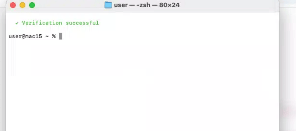 The Terminal window after the command runs, cleared and showing a fake verification success message