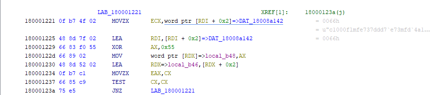Disassembly view of the XOR-0x55 string-decoding routine used to recover the Stage 1 configuration strings at runtime