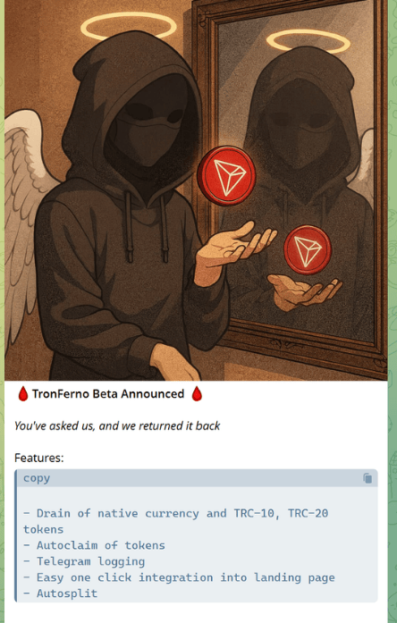 Telegram post announcing the addition of TRON capability to the Inferno drainer.