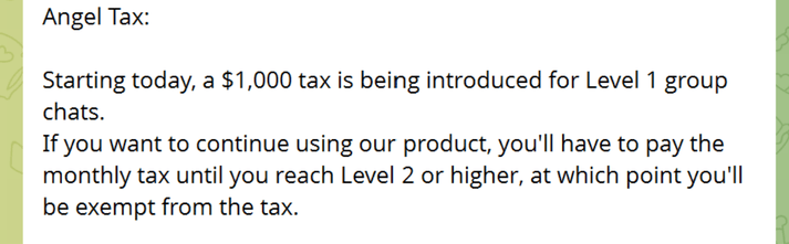 Telegram post announcing the new Angel Tax entry fee.