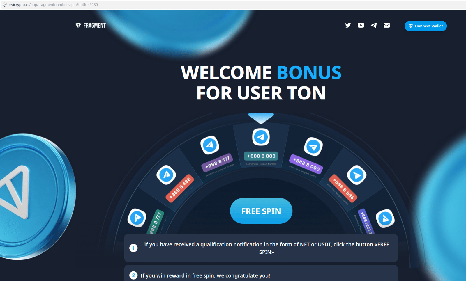 The TON SPIN lure page served by the bot's menu button, showing WELCOME BONUS FOR USER TON