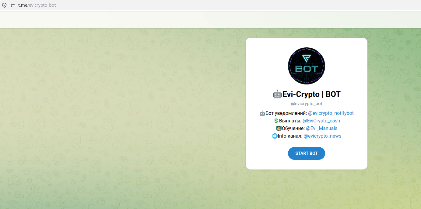 The @evicrypto_bot front bot: a storefront linking evicrypto.cc and the operation's channels