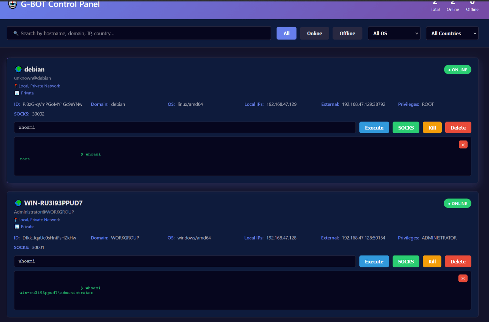 G-BOT beacon management UI — per-beacon Execute, SOCKS, Kill, and Delete actions