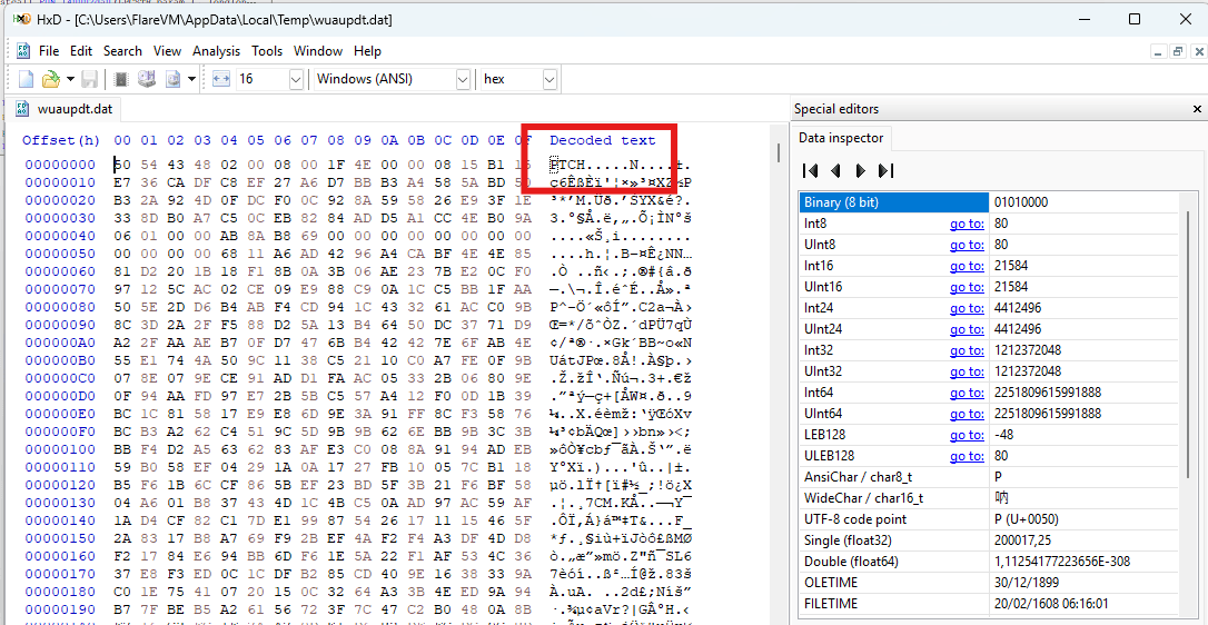 PTCH v2 container evidence: a custom PatchAgent payload wrapper containing metadata, the AES-CBC IV, HMAC-SHA256 tag, and encrypted Stage 3 shellcode