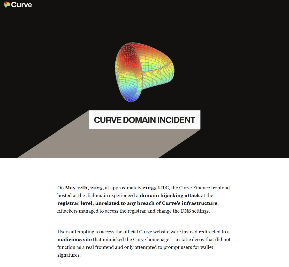 Screenshot of Curve's public statement regarding the domain hijack incident.
