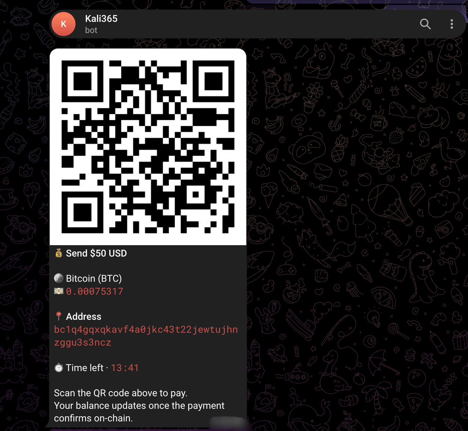 BTC option shown by the scam-bot flow