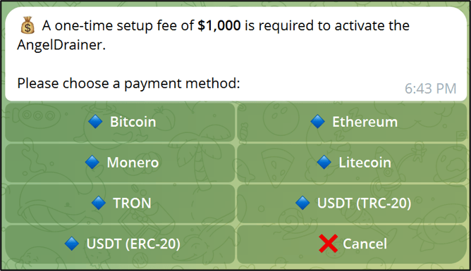 Inferno affiliate interface in a Telegram bot chat used to set up an operator panel.
