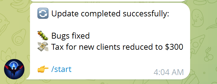 AngelFerno bot update announcement reducing the initial client fee to 300 USD.