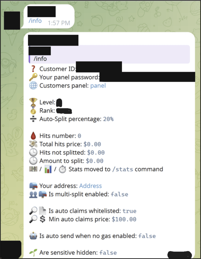 Telegram bot output for the info command listing an affiliate's statistics.
