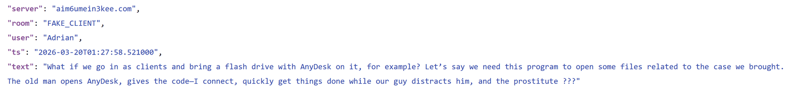 Translated chat log from Adrian suggesting methodology for infiltration scam.