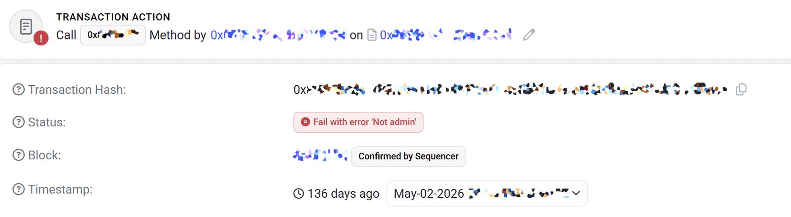 BaseScan transaction history showing reverts with a Not admin error at the start of the lockout.