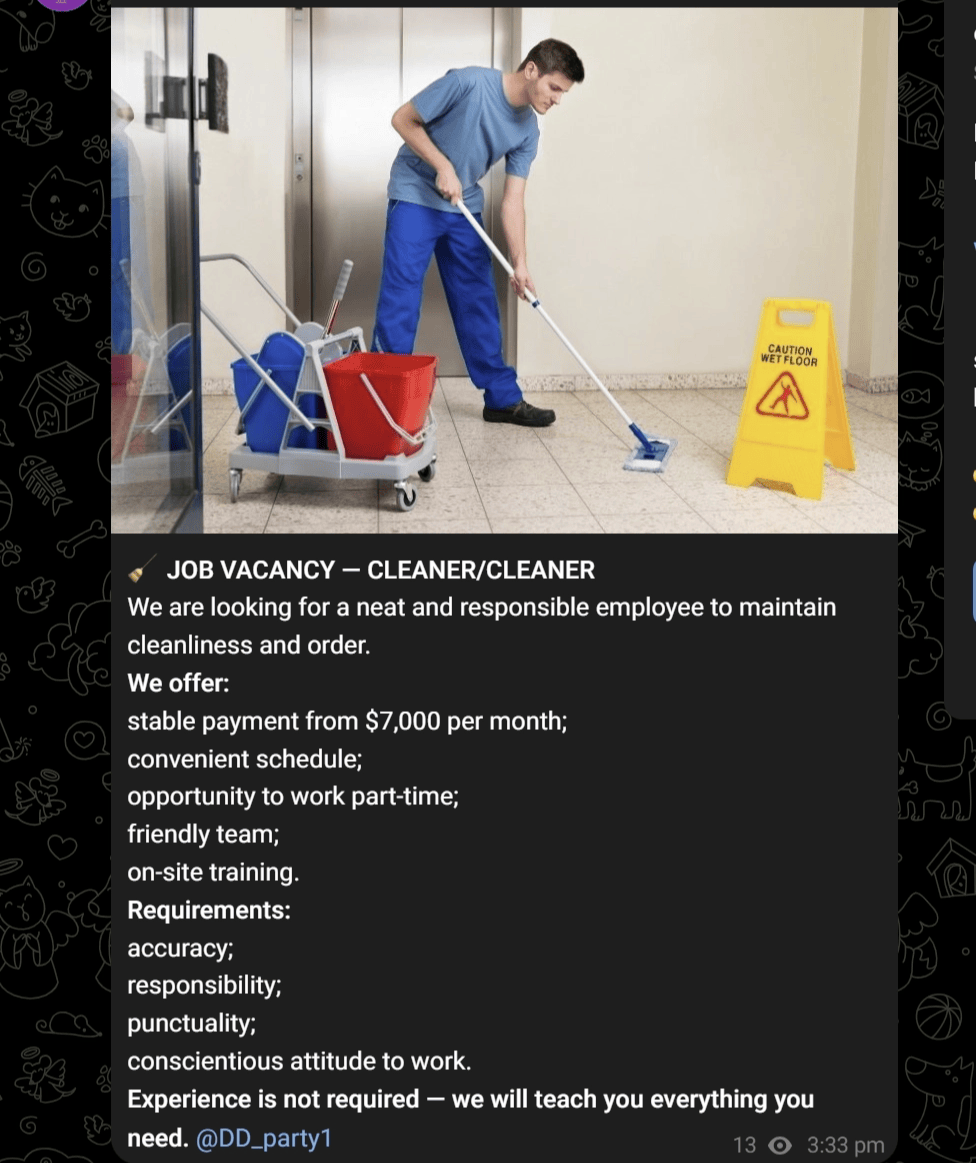 A cleaner job advert posted on Telegram by @DD_party1.