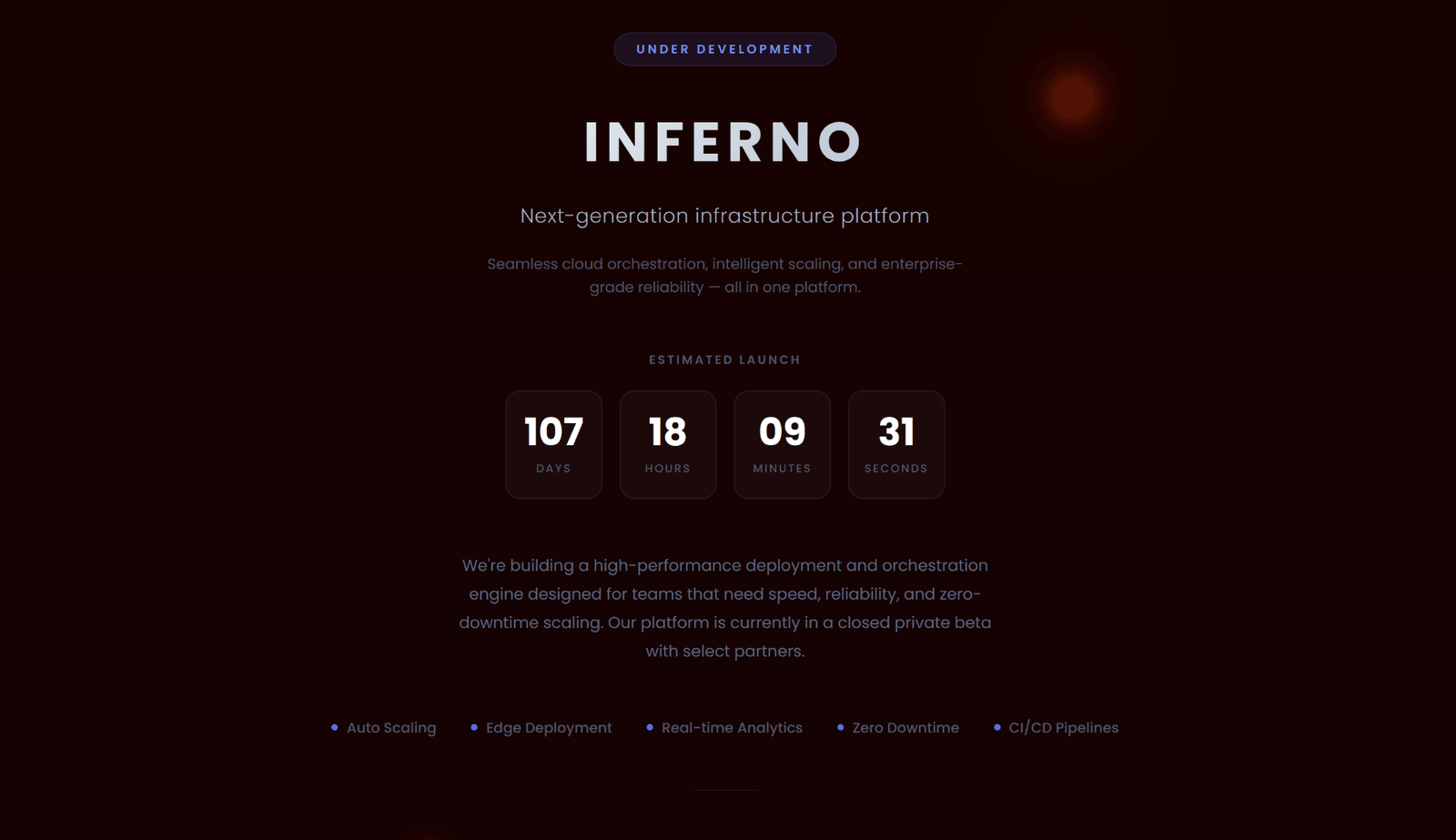 Inferno panel domain advertising a new deployment and orchestration engine with a countdown clock.