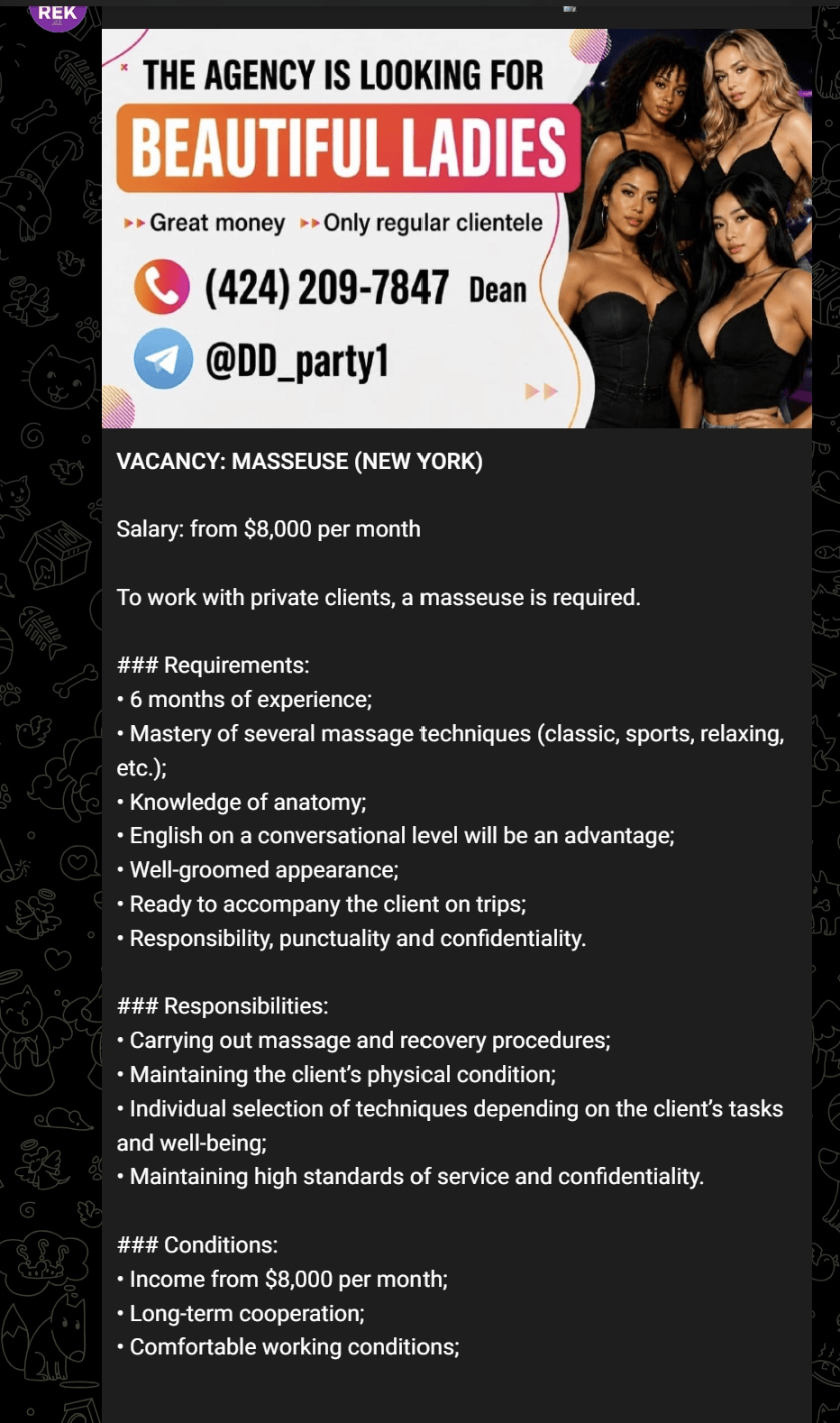 Screenshots of job listings believed to be used for agent recruitment, made by @DD_party1, the account linked to the SRG chat.