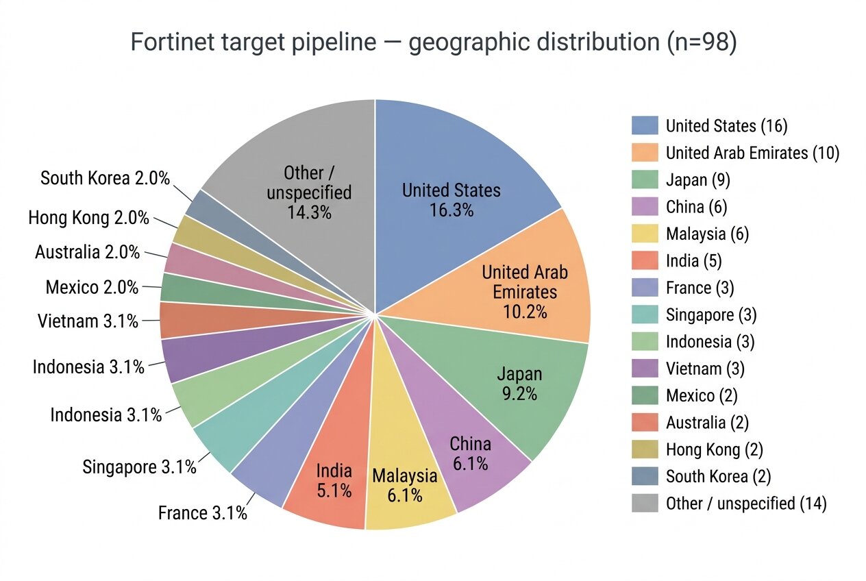 Fortinet target pipeline — geographic distribution (pie chart)