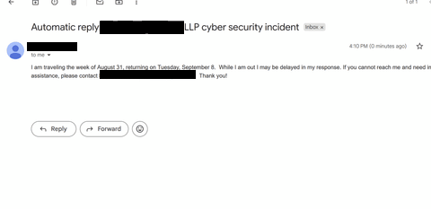 Victim out-of-office auto-reply, provided as proof that the extortion email reached the victim.