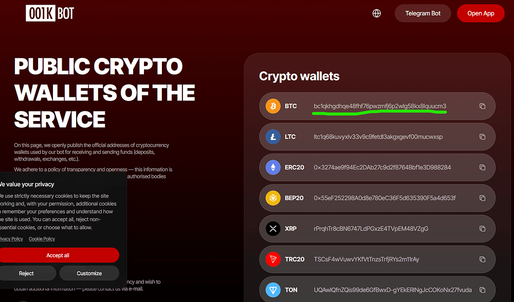 Same BTC Address publicized by 001K
