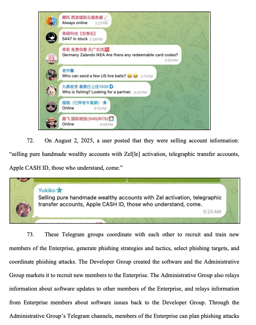 Google lawsuit exhibit — Telegram groups coordinating account sales and phishing operations